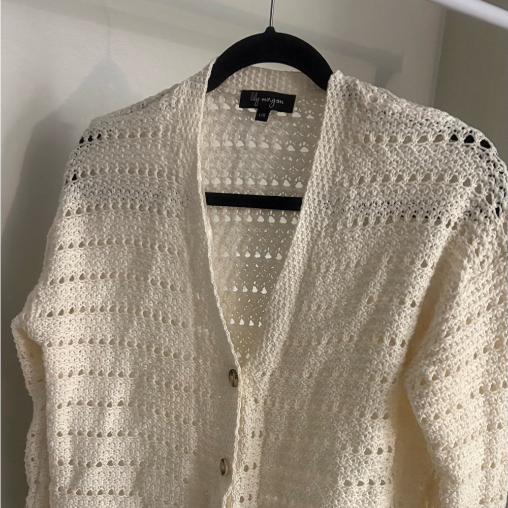 Cream Open-Knit Button Front Sweater tricot de Cotton
